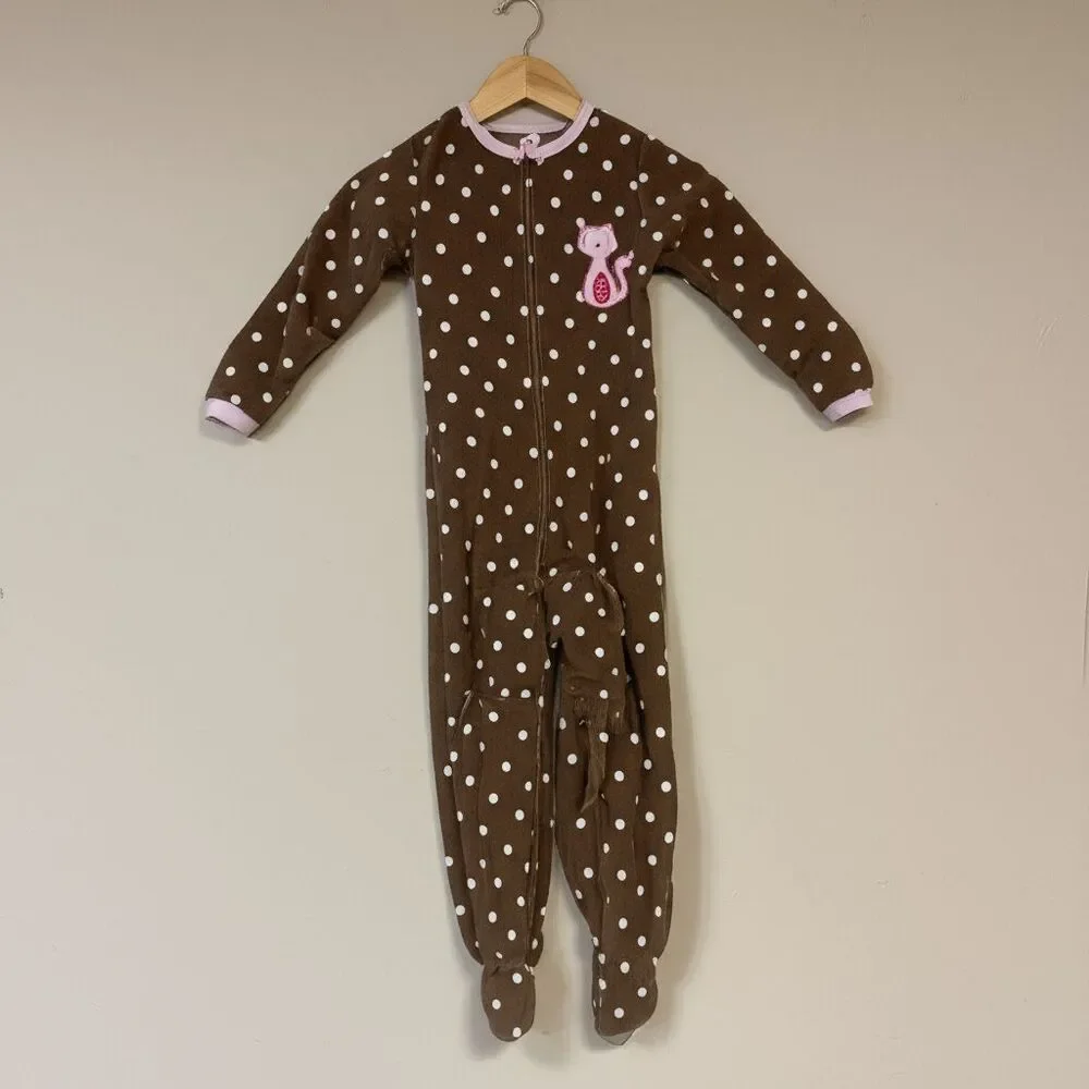 Footed Cat Pajamas Girls 4T Soft Fleece Brown Polka Dot Zipper Cozy Fall Winter